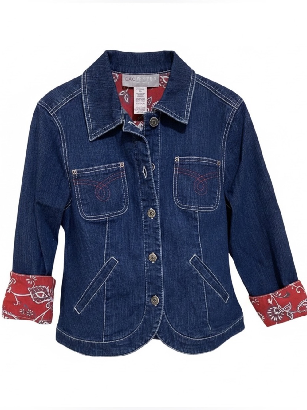 VTG Sag Harbor Denim Jacket‎ Red Handkerchief Cuffs Western Cowgirl Rodeo SZ 6P